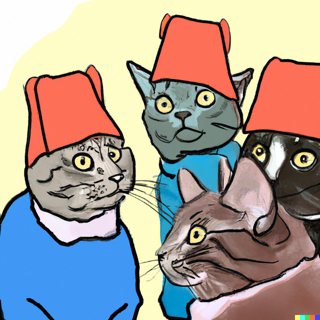 Cats in Devo hats